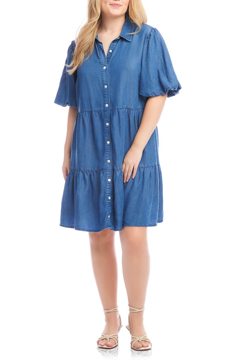 Karen Kane Tiered Denim Shirtdress, Main, color, Denim