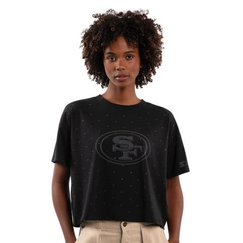Women
s Starter Black San Francisco 49ers Rhinestone Sprinkle Boxy Cropped T-Shirt