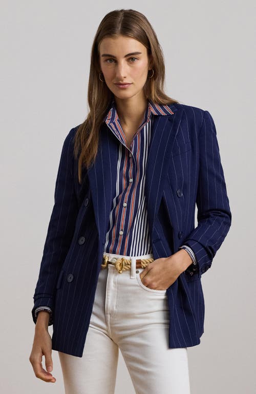 Shop Ralph Lauren Lauren  Pinstripe Double Breasted Wool Blend Blazer In Navy/white