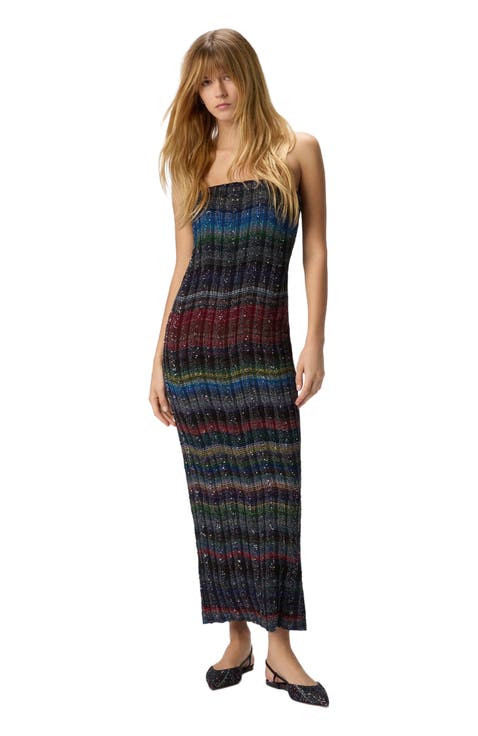 Long Strapless Dress With Wave Check Pattern