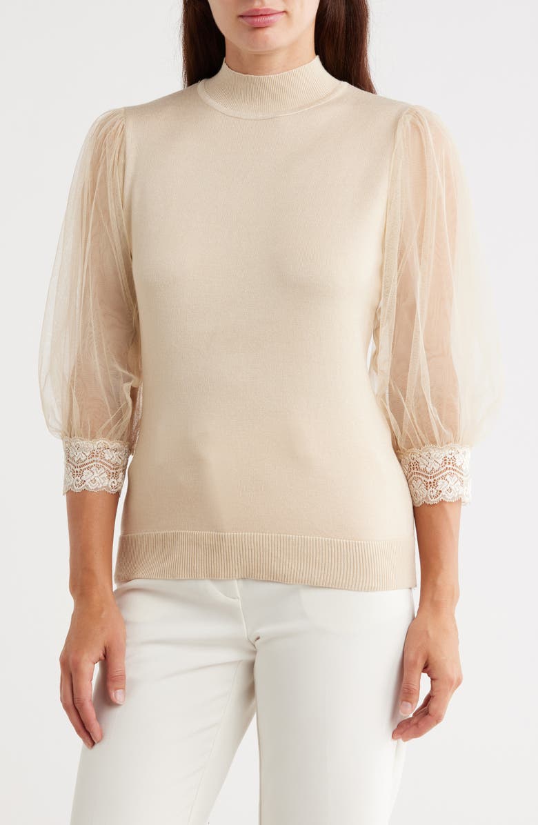 BY DESIGN Hailey Mesh Sleeve Sweater, Main, color, Champagne