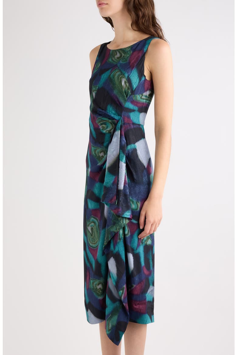 Marbled Moiré Print Draped Midi Dress, Alternate, color, PETROL