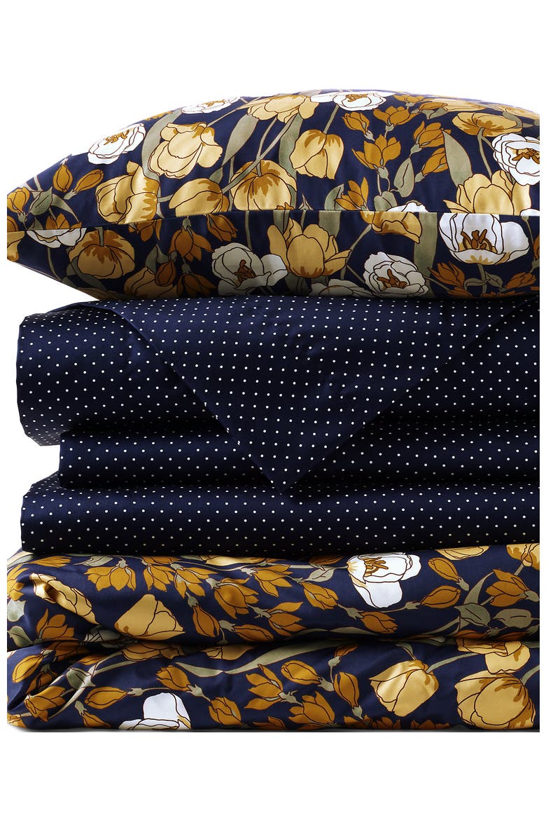 400 Thread Count Premium Supima Cotton No Iron Sateen Duvet Bed Cover, Main, color, Deep Sea Navy Poetic Floral