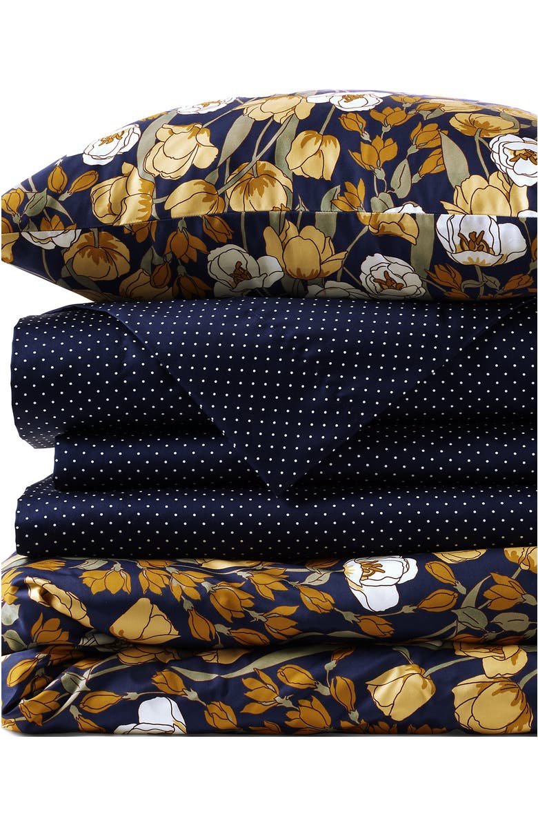 Lands' End 400 Thread Count Premium Supima Cotton No Iron Sateen Duvet Bed Cover, Main, color, Deep Sea Navy Poetic Floral