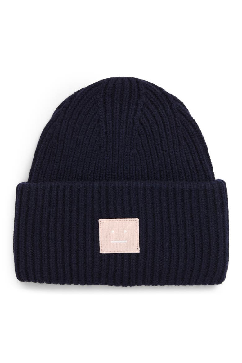 Pansy Face Patch Rib Wool Beanie, Main, color, NAVY/ PINK