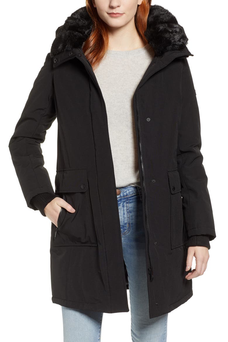 Faux Fur Trim Canvas Parka, Main, color, BLACK