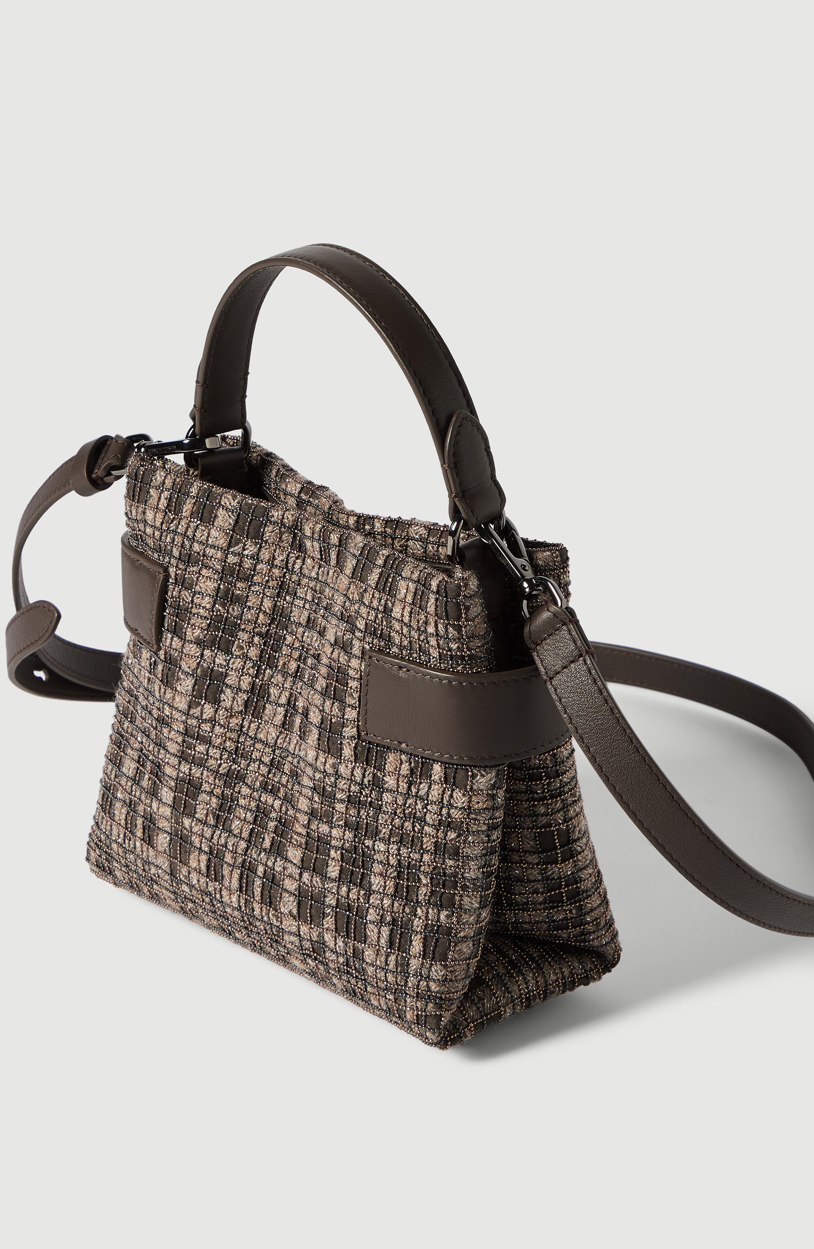 Essence small top-handle bag in suede with precious check embroidery, Alternate, color, Brown