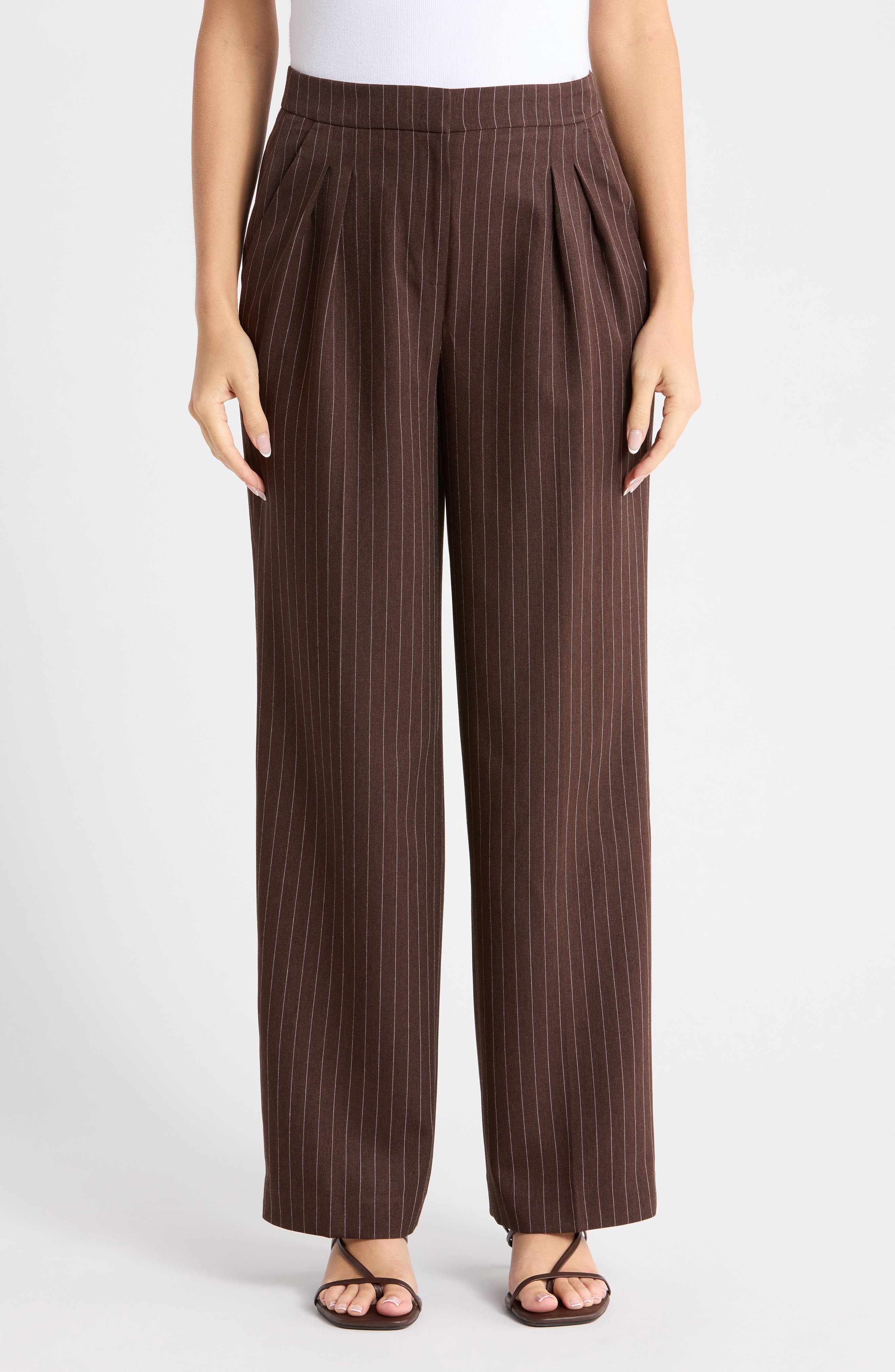 Pinstripe High Waist Pleated Wide Leg Pants
