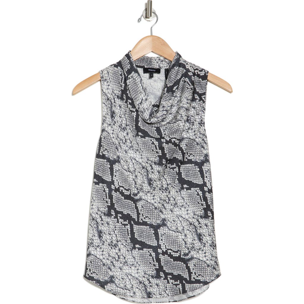 Theory Python Print Cowl Neck Sleeveless Silk Top In Grey Multi