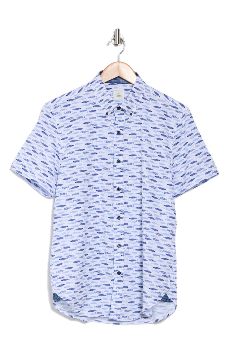 CONSTRUCT Fish Print Short Sleeve Stretch Button-Down Shirt, Alternate, color, White/Blue