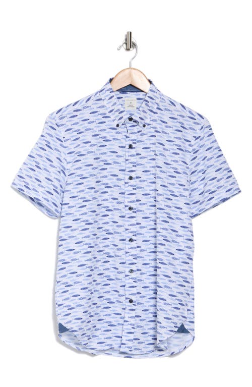 Construct Fish Print Short Sleeve Stretch Button-down Shirt In White/blue