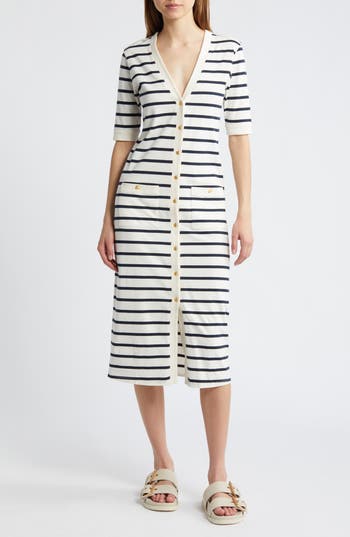 Frame Stripe Henley Midi Dress In Navy Multi