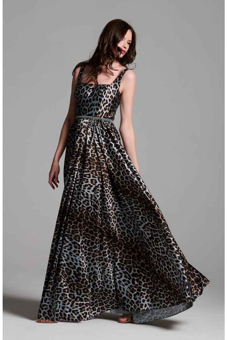 Animal Pleated Square Nek Taffeta Ballgown, Alternate, color, BLUE MULTI