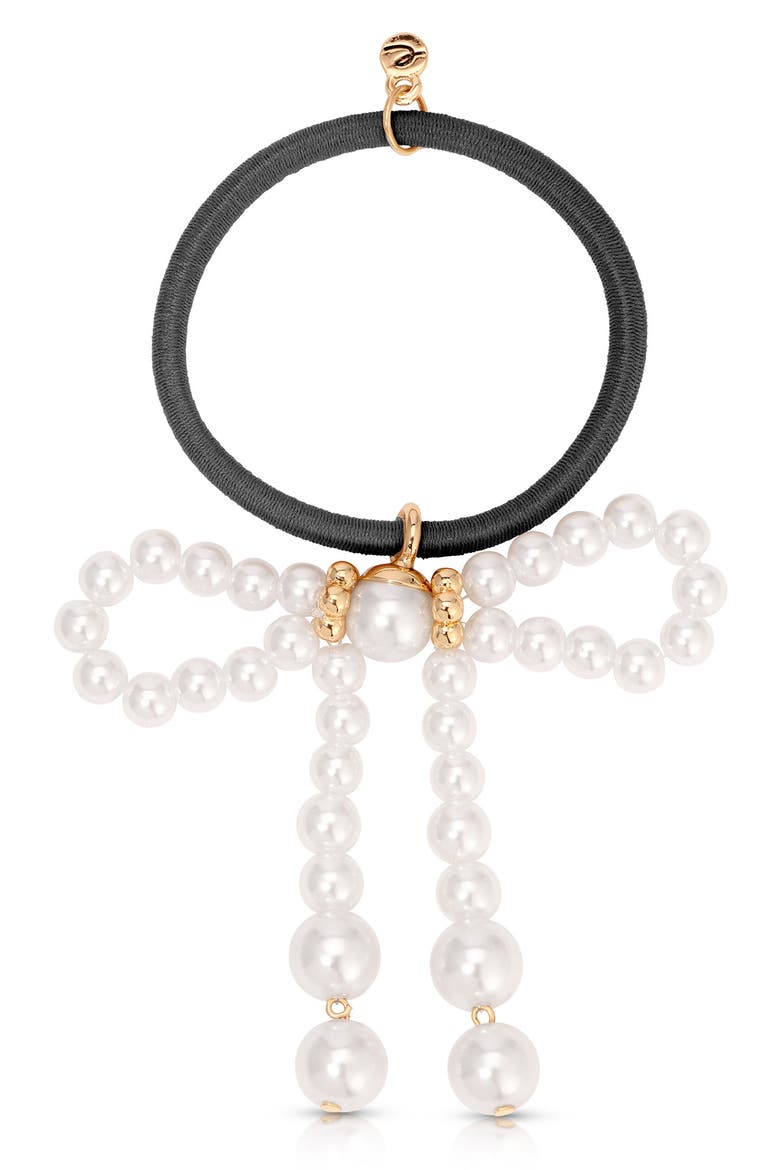 Aurora Faux Pearl Bow Hair Tie, Main, color, BLACK