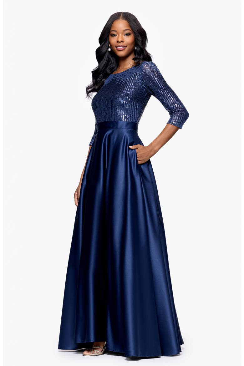 Sequin & Satin Ballgown, Alternate, color, NAVY