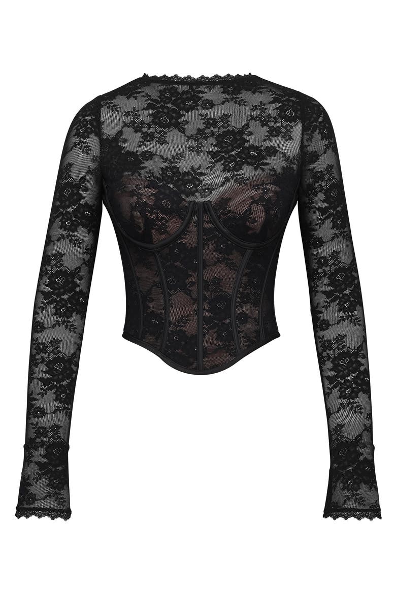 Zoe Long Sleeve Lace Crop Corset Top, Alternate, color, BLACK