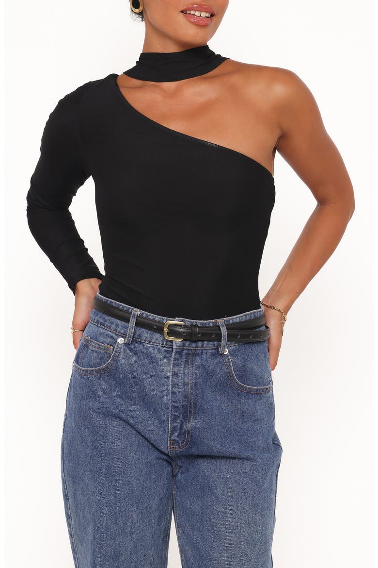 Carlie Scarf Mesh One-Shoulder Top, Main, color, BLACK