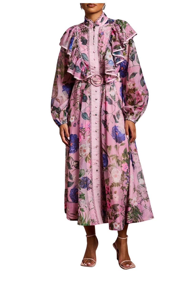 Coast Petite Organza Trim Printed Midi Dress, Alternate, color, Pink