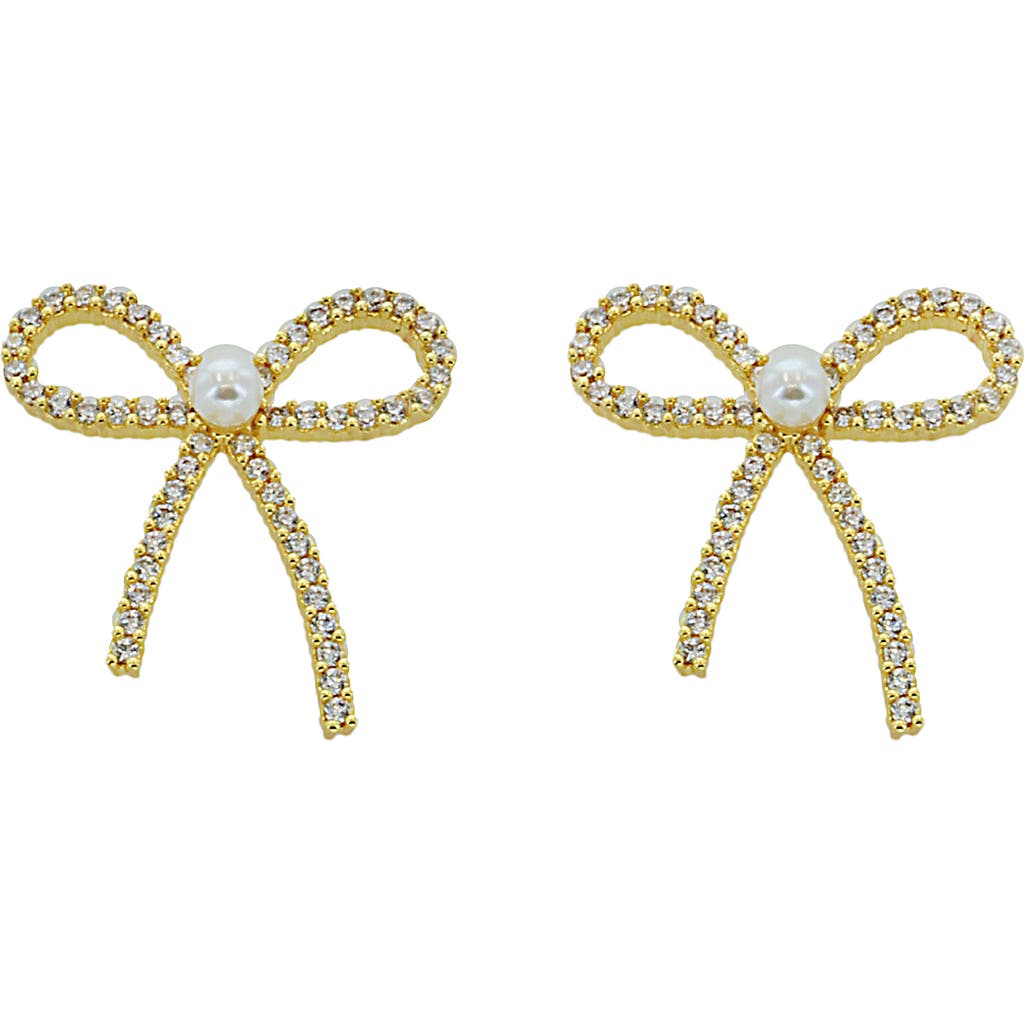 Panacea Faux Pearl Center Crystal Bow Drop Earrings In Gold