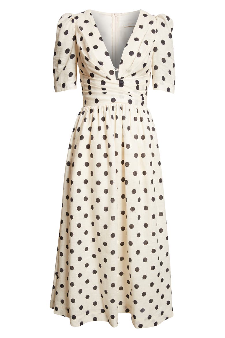 Polka Dot Pleated Linen Midi Dress, Alternate, color, CREAM/ BLACK DOT