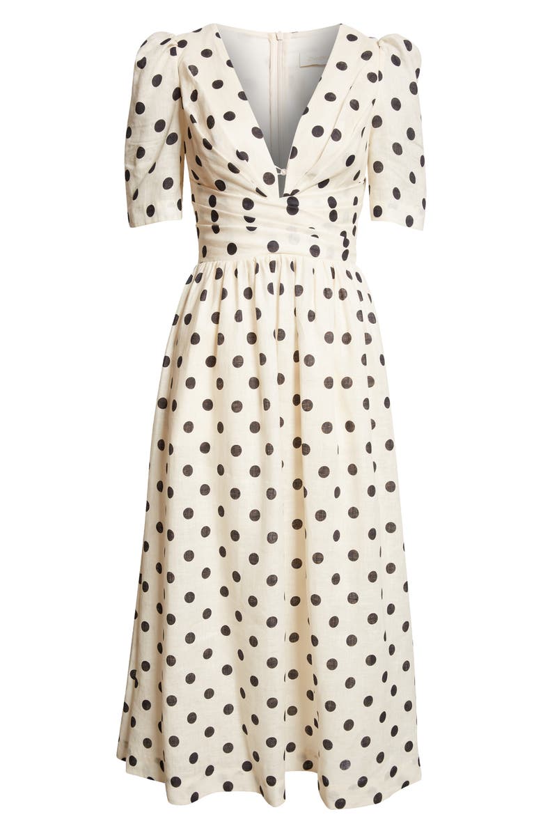 Zimmermann Polka Dot Pleated Linen Midi Dress, Alternate, color,