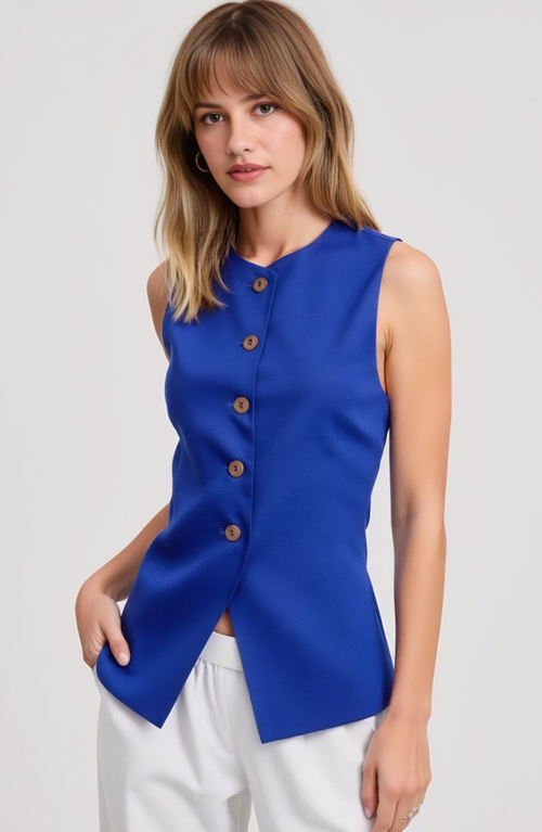 Modenaire Sleeveless Button Front Tailored Fit Asymmetrical Hem Vest In Blue