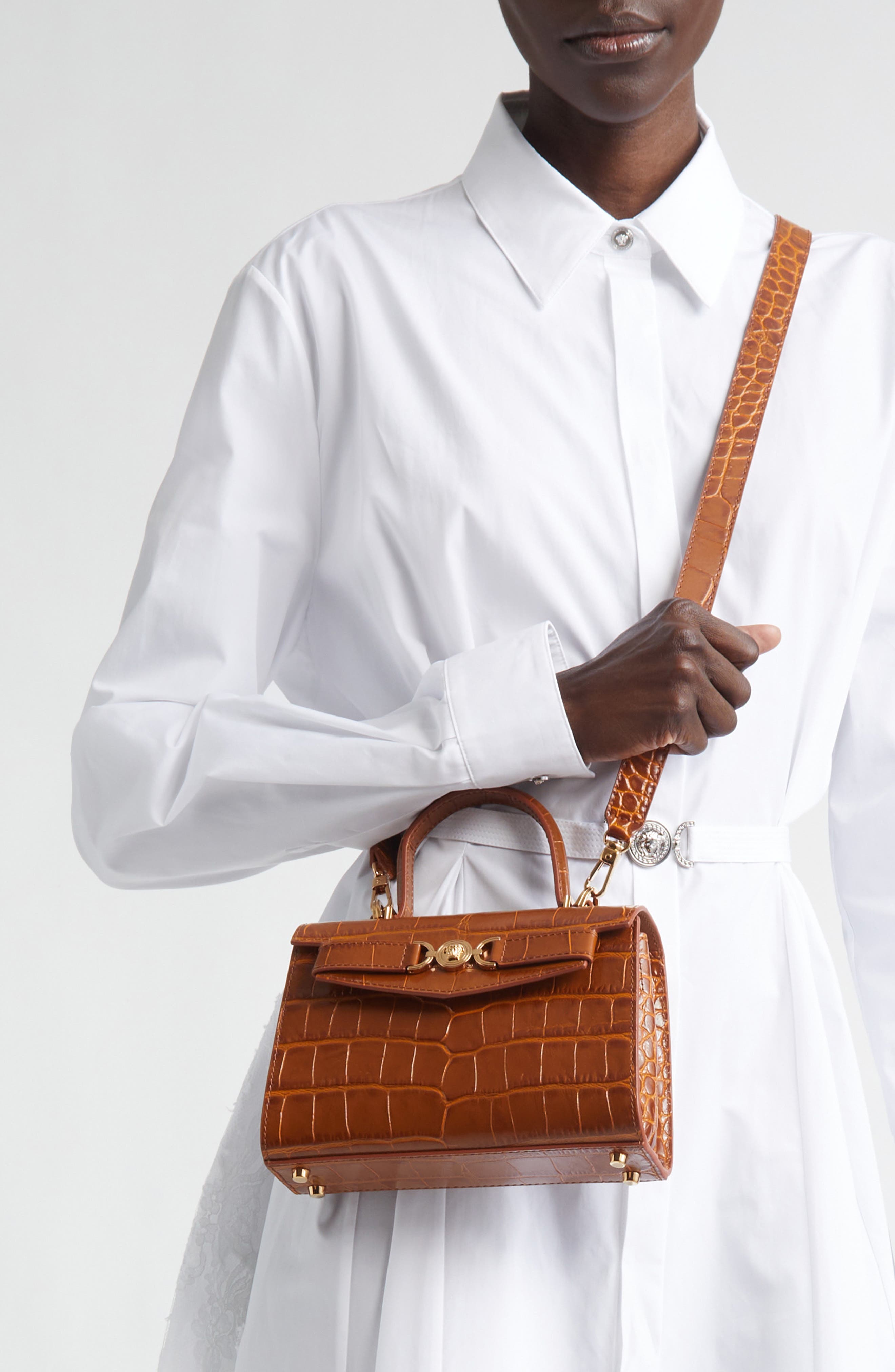 Versace Small Medusa '95 Croc Embossed Leather Top Handle Bag, Alternate, color, Light Brown Gold