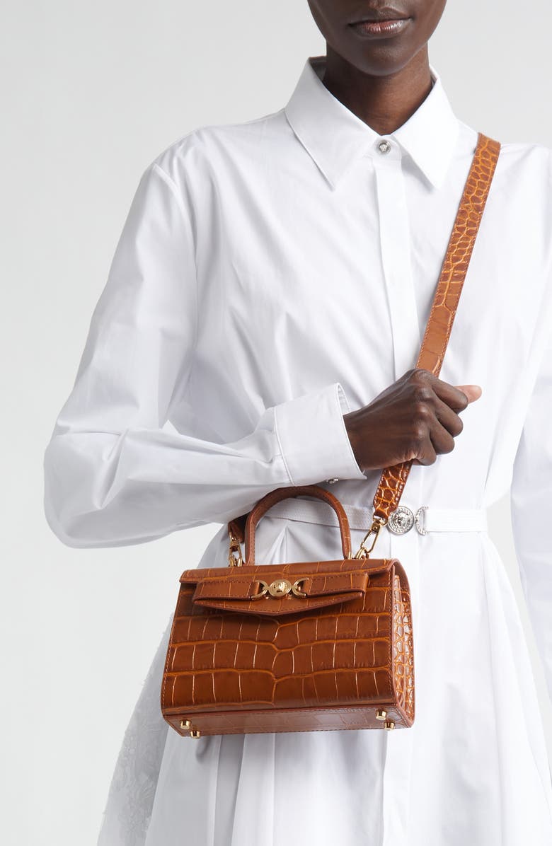 Versace Small Medusa '95 Croc Embossed Leather Top Handle Bag, Alternate, color, Light Brown Gold