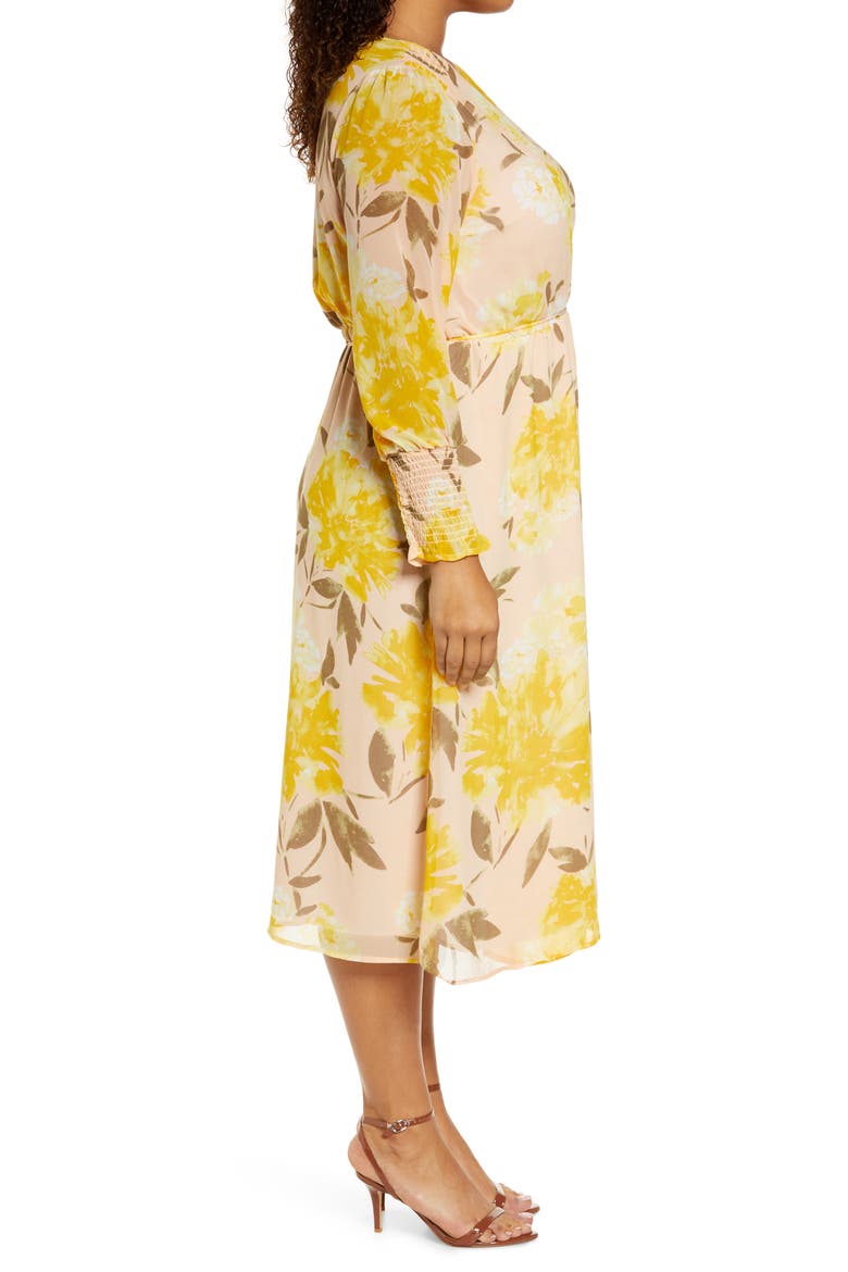 Wrap Front Long Sleeve Midi Dress, Alternate, color, PINK PEACH- YELLOW FLRL