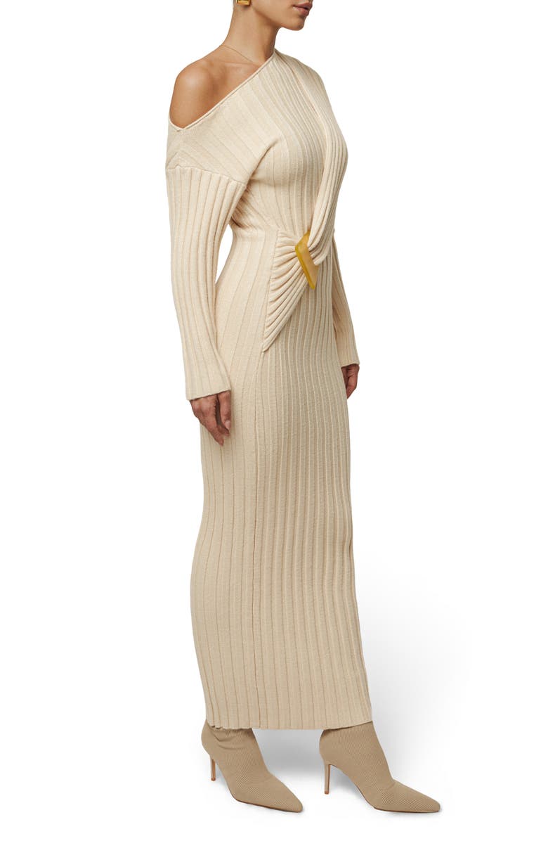 JLUXLABEL Auttoman Long Sleeve One-Shoulder Rib Maxi Dress, Alternate, color, Ivory