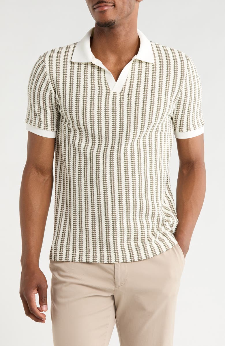 DENIM AND FLOWER Geo Stripe Cotton Blend Polo, Main, color, Cream