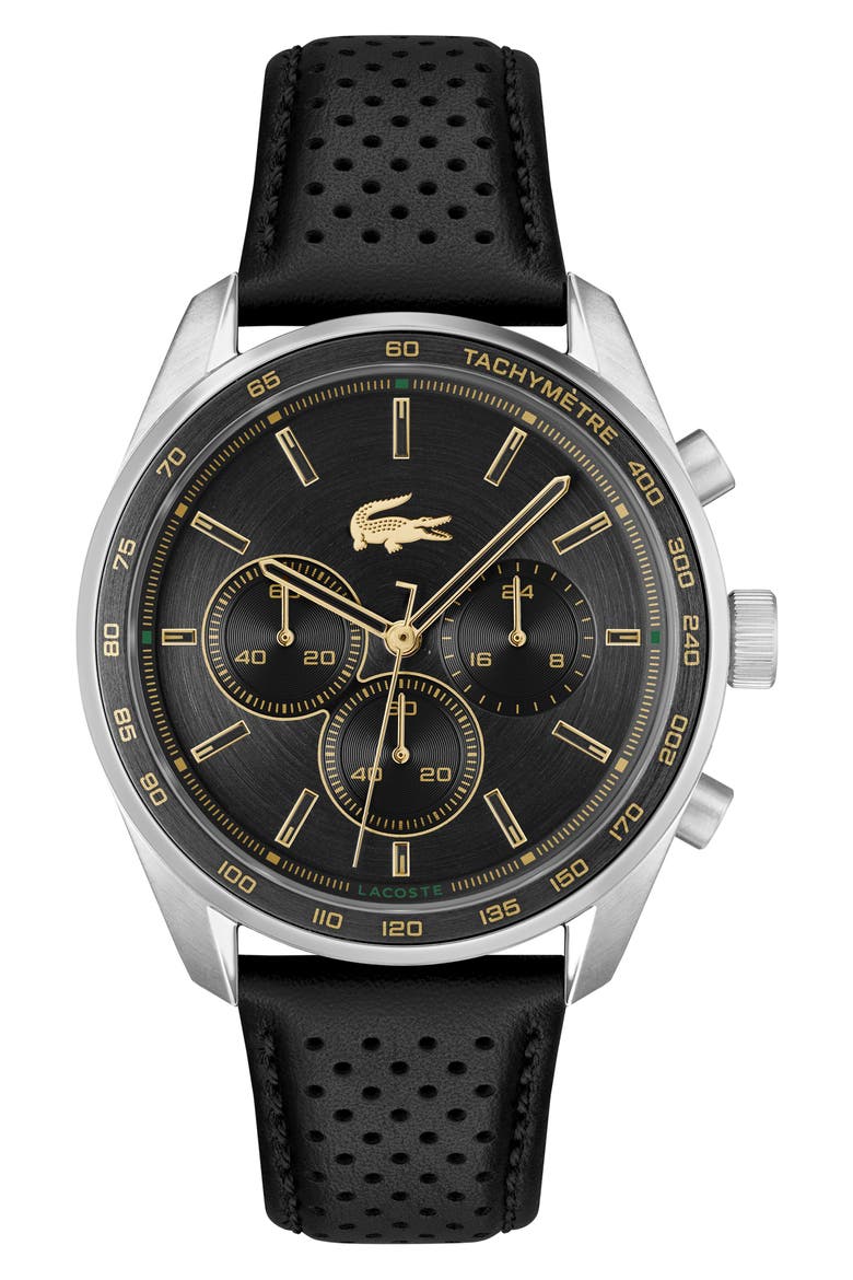 Boston Chronograph Leather Strao Watch, 42mm, Main, color, BLACK