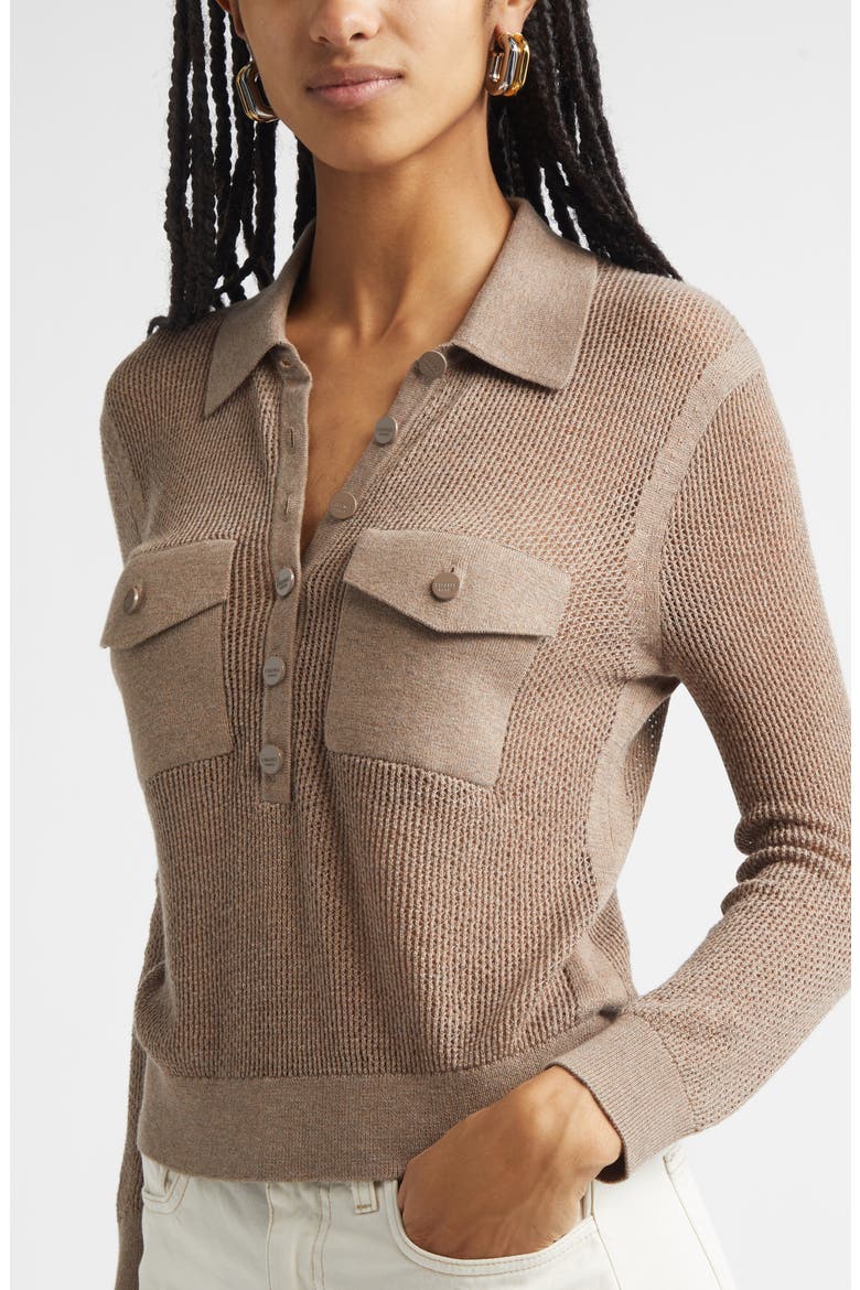 Carine Pointelle Polo Sweater, Alternate, color, MUSHROOM