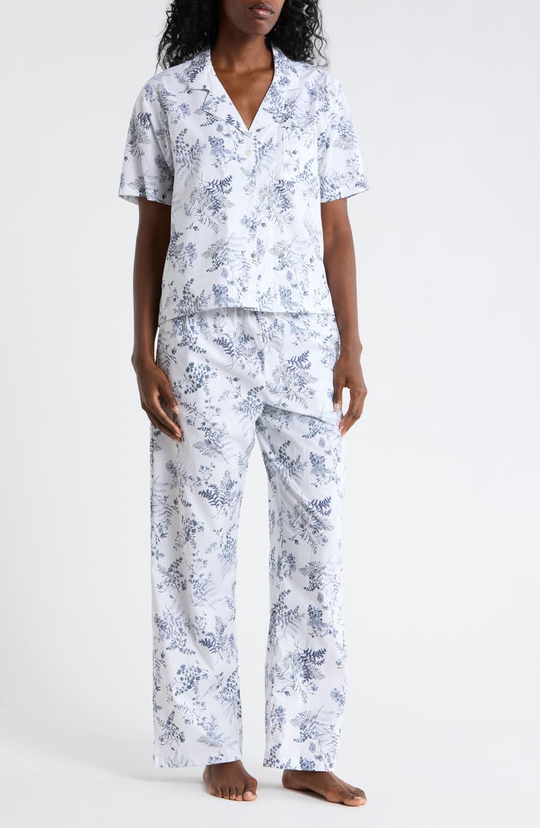 NORDSTROM RACK Cotton Poplin Long Pajamas, Main, color, White- Navy Restore Floral