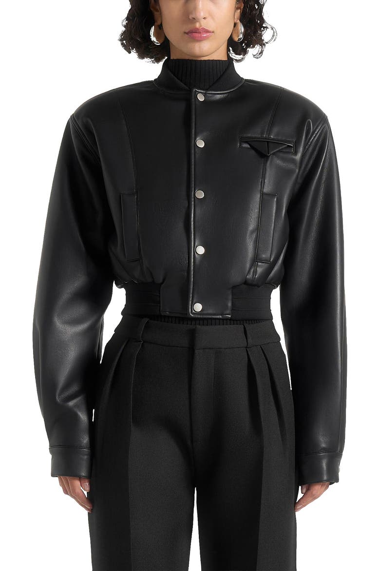 Zina Leather Wide Shoulder Bomber Jacket, Alternate, color, Black
