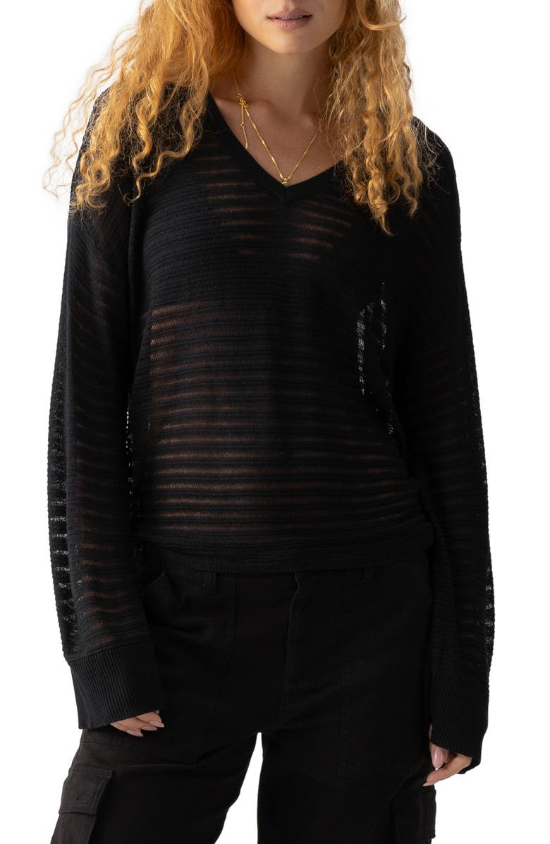 Sanctuary See You Soon Pointelle Mesh V-Neck Sweater, Main, color, 