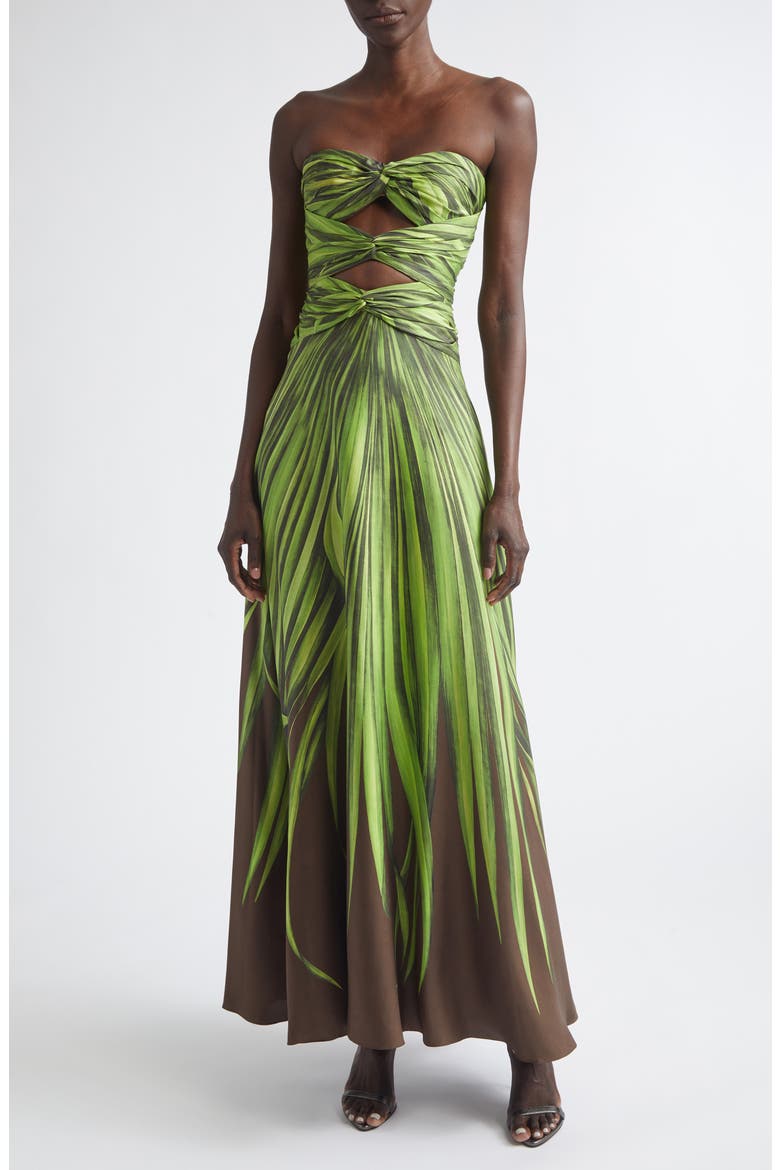 Palm Leaves Print Strapless Cutout Silk Gown, Main, color, GREEN/ BROWN