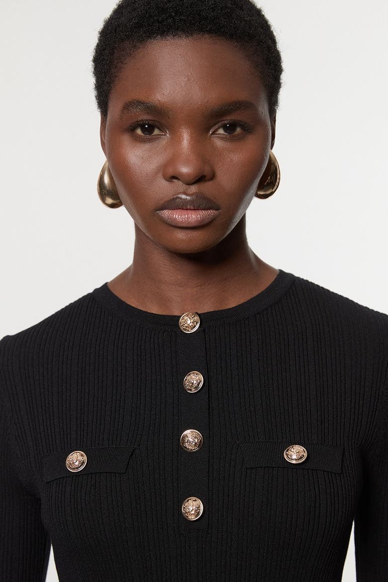 Military Trim Rib Long Sleeve Knit Top, Alternate, color, Black