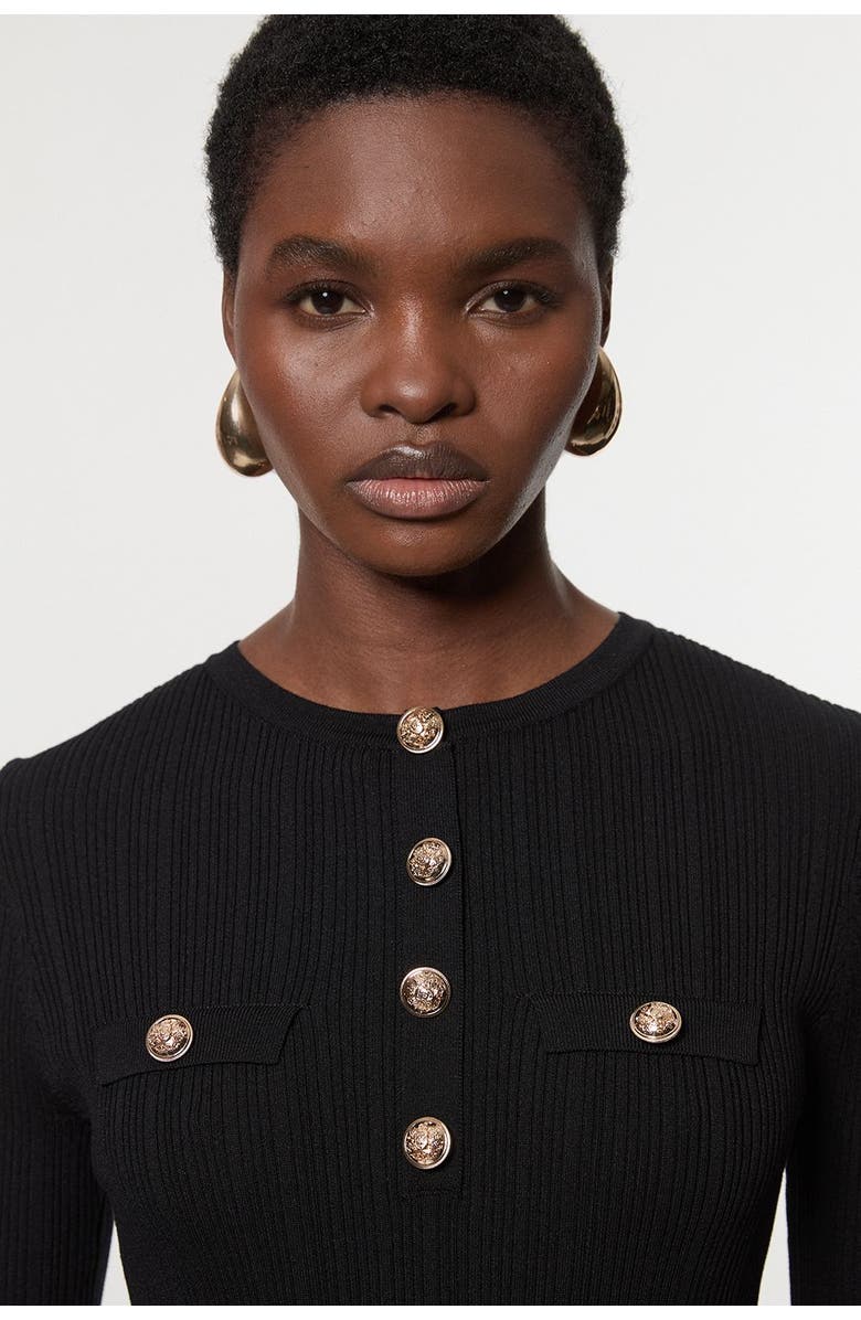 Karen Millen Military Trim Rib Long Sleeve Knit Top, Alternate, color, Black