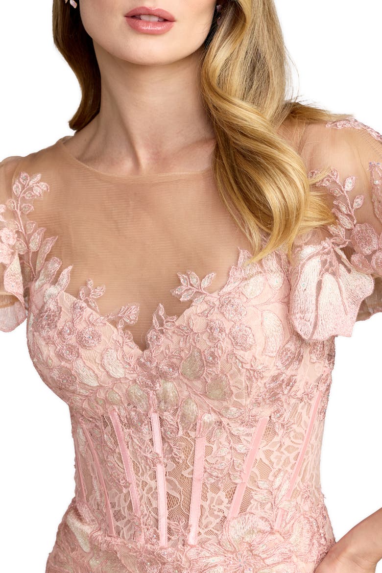 Embroidered Lace Trumpet Gown with Flutter Sleeves, Alternate, color, Blush