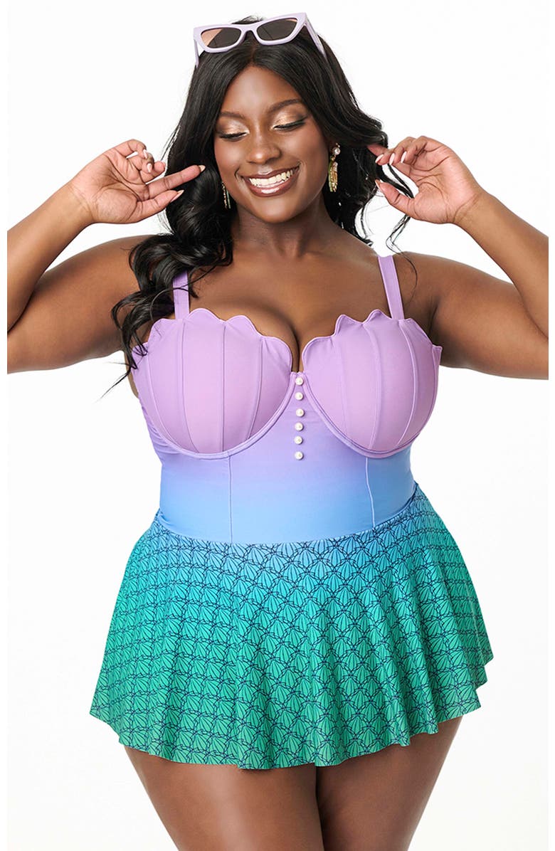 Unique Vintage Plus Size Spaghetti Strap Sweetheart Skirted One Piece Swimsuit, Main, color, Purple/Blue Ombre