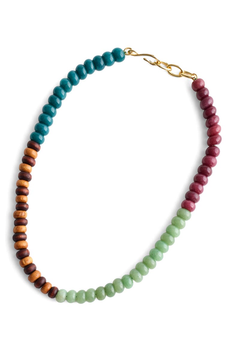 Wood & Semiprecious Stone Beaded Necklace, Main, color, ANTIQUE GOLD/ GREEN MULTI