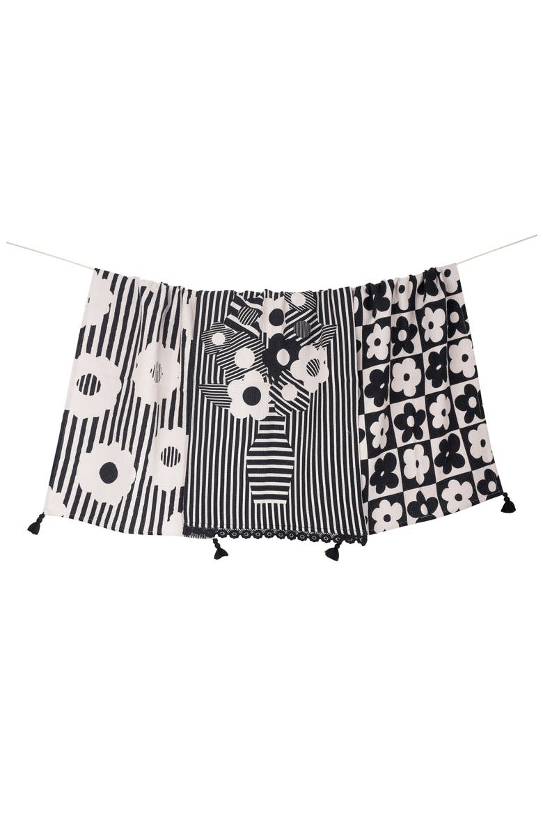 Set of Three Modern Graphic Floral Kitchen Towels, Main, color, BLACK