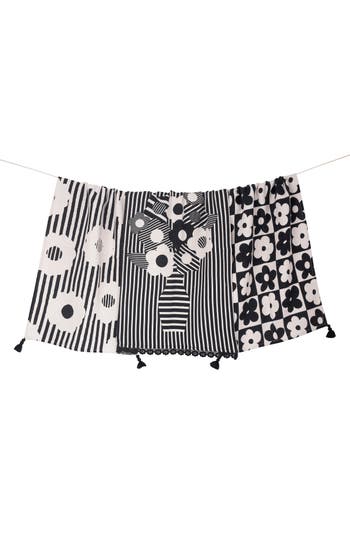 Tiramisu Set Of Three Modern Graphic Floral Kitchen Towels In Black