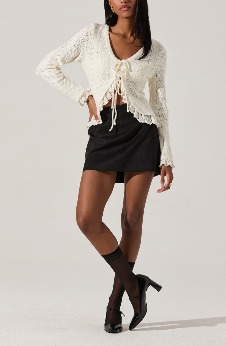 ASTR the Label Lacey Ruffle Pointelle Tie-Front Cardigan, Alternate, color, Cream