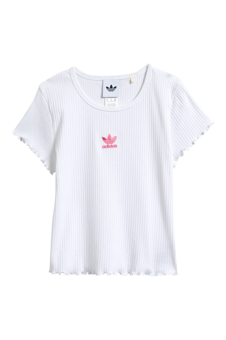 Kids' Embroidered Trefoil Lettuce Edge Rib T-Shirt, Main, color, WHITE