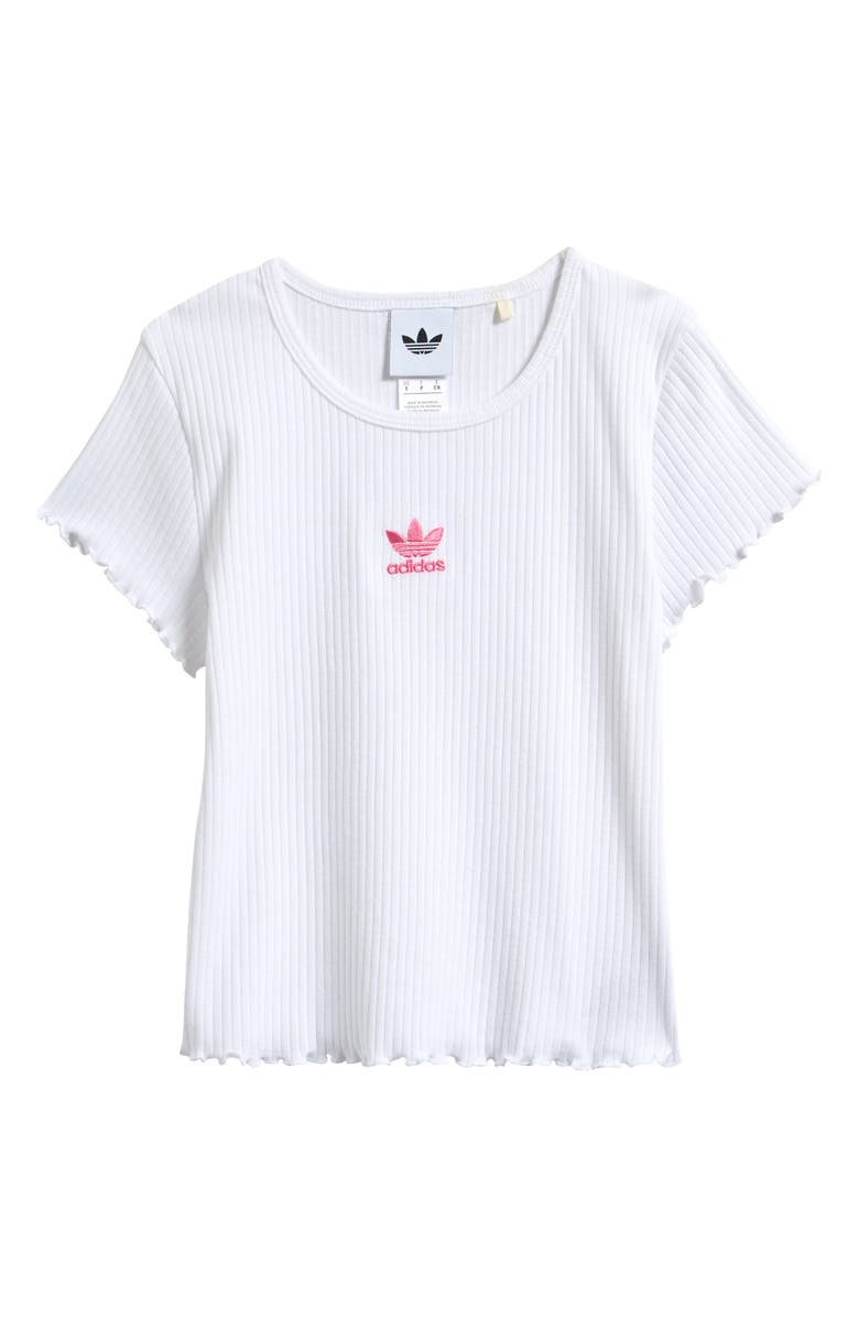 adidas Originals Kids' Embroidered Trefoil Lettuce Edge Rib T-Shirt, Main, color, White