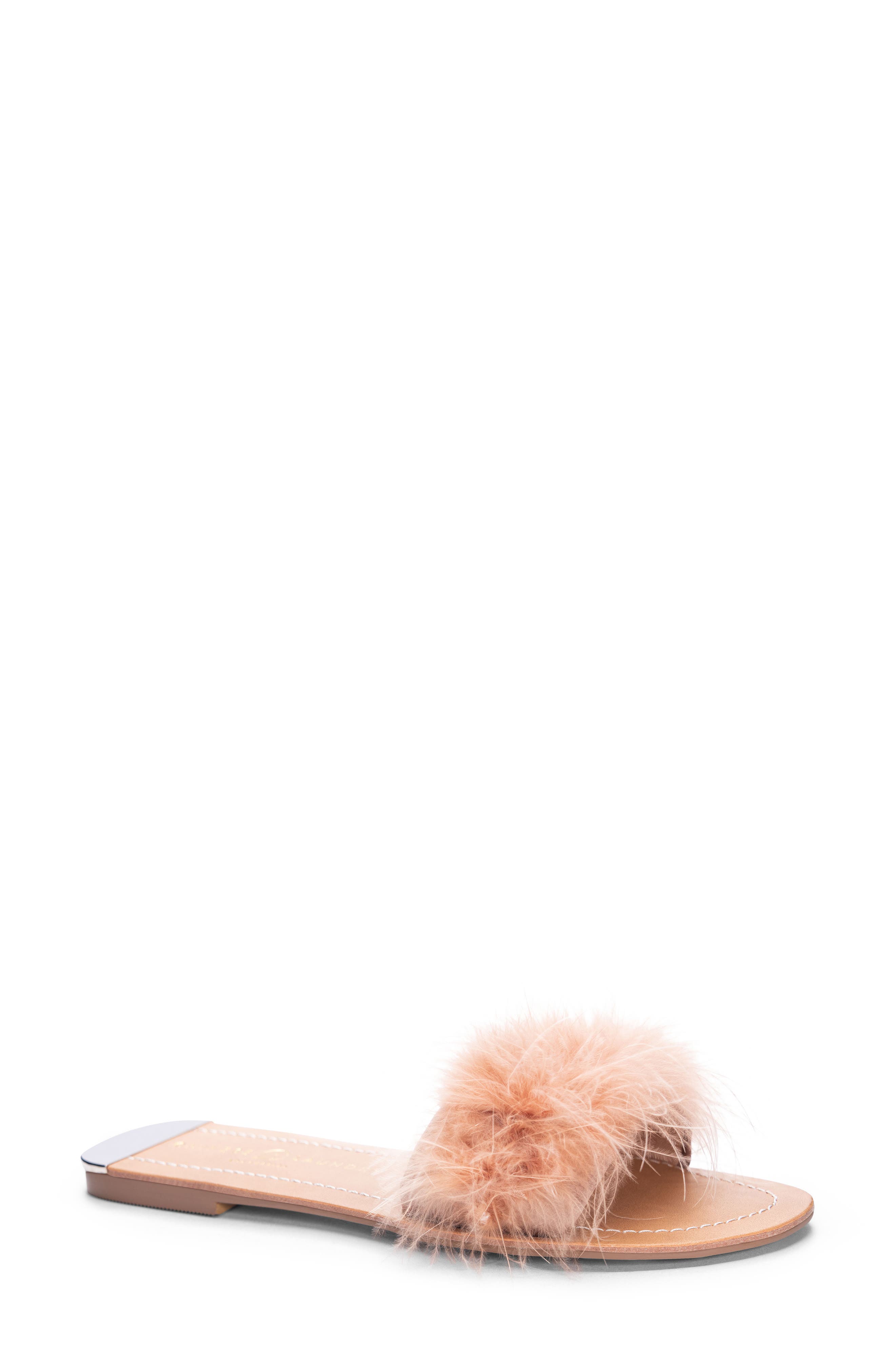 Zoey Faux Feather Slide Sandal, Main, color, ROSE