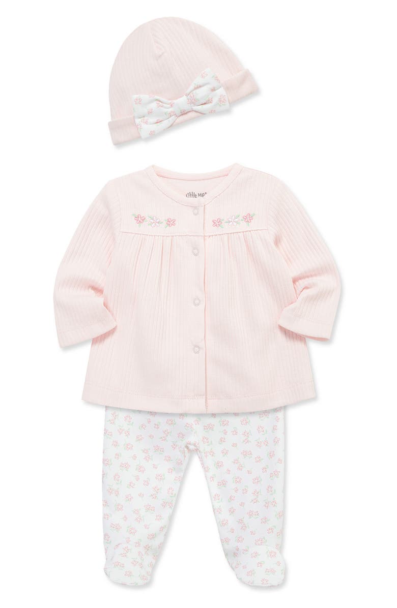 Little Me Pretty Floral Organic Cotton Cardigan, Pants & Hat Set, Alternate, color, Pink