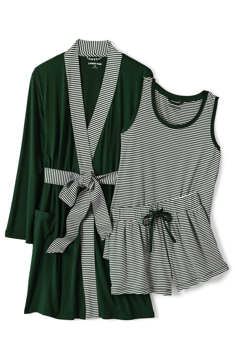 Lands' End Cooling 3 Piece Pajama Set - Robe Tank and Shorts, Alternate, color, Pine Valley Mini Stripe